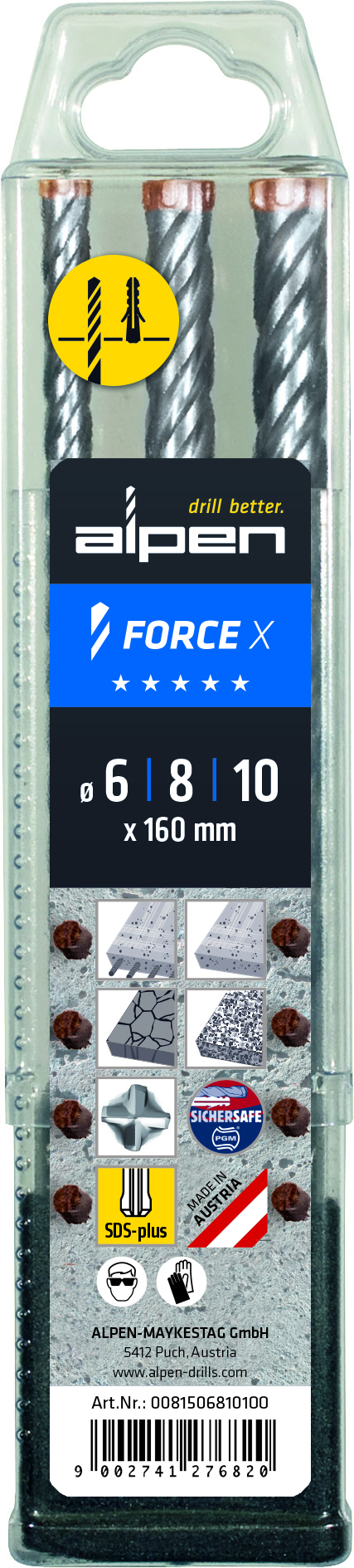 0081506810100 Hamerboorset SDS-plus Force X – Ø 6,0-8,0-10,0 mm – 3-delig – Box