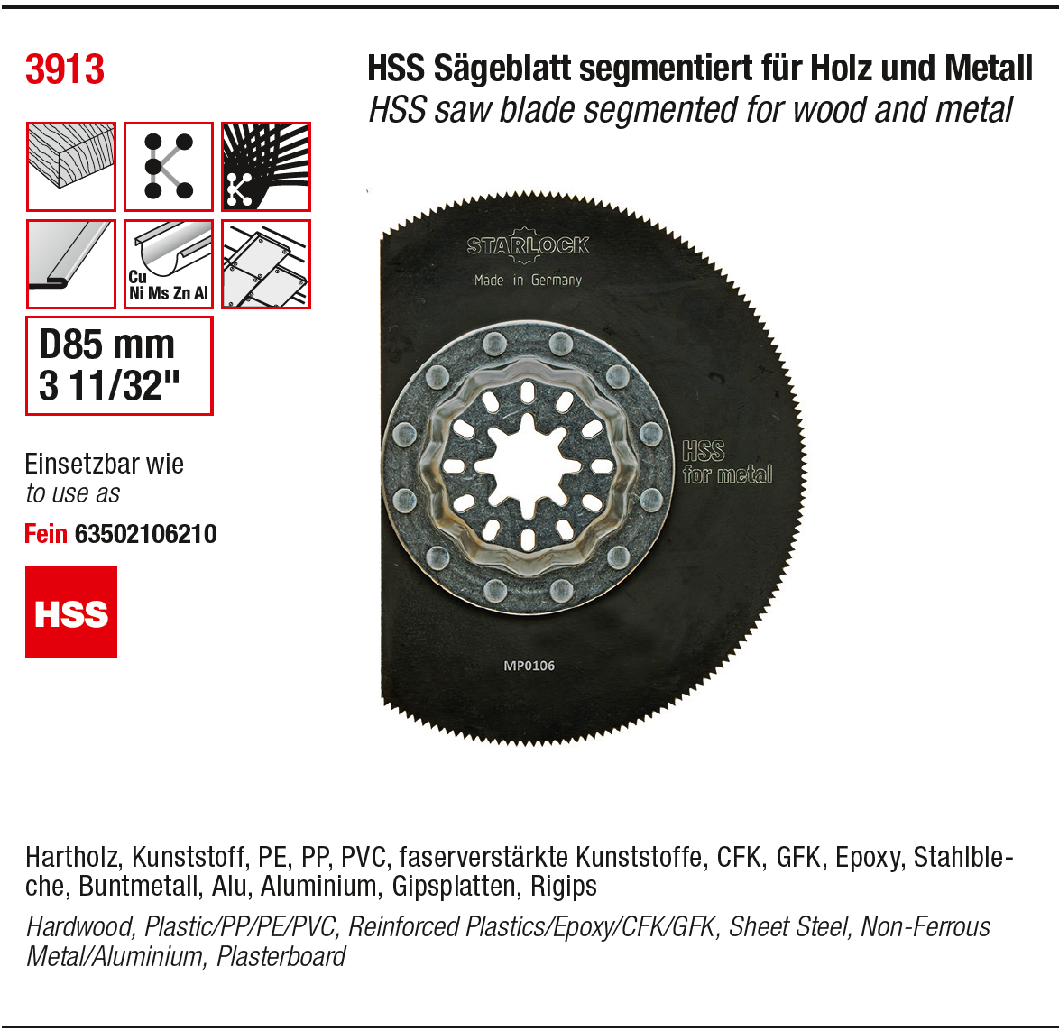 3913 Starlock invalzaagblad – HSS – 85 mm – Hout en metaal